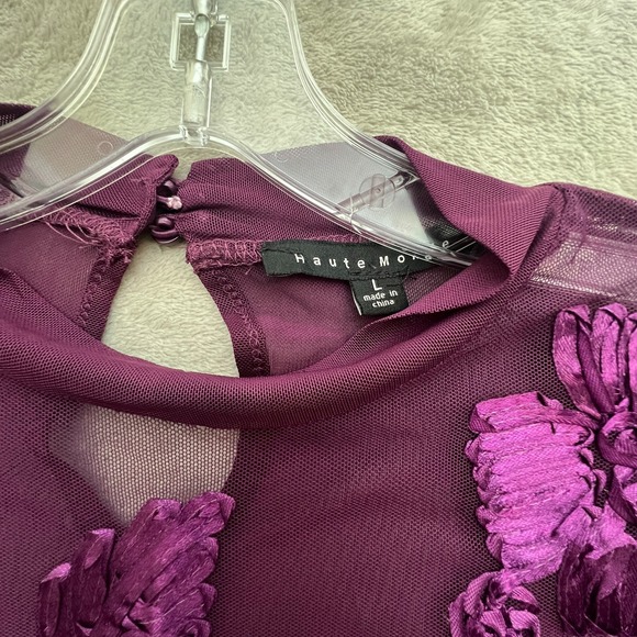 NWT Haute Monde Plum Mesh Floral Appliqué Bodysuit Bell Sleeve No Return - Picture 3 of 15